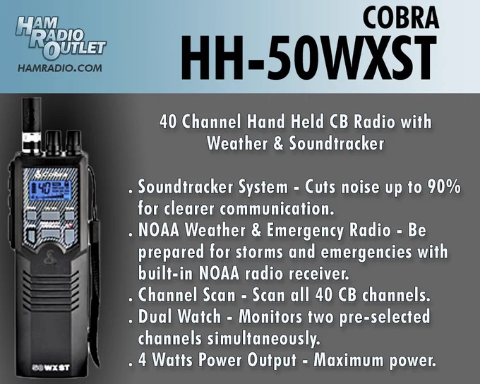 Picture of HH-50WXST CB radio.
https://hro.net/VU9UNXhsajF
Tune in to all forty CB channels as well as ten added weather channels for solid, up-to-date information on the latest road conditions. 4 watts. Soundtracker System.
See all our products here: https://www.hamradio.com