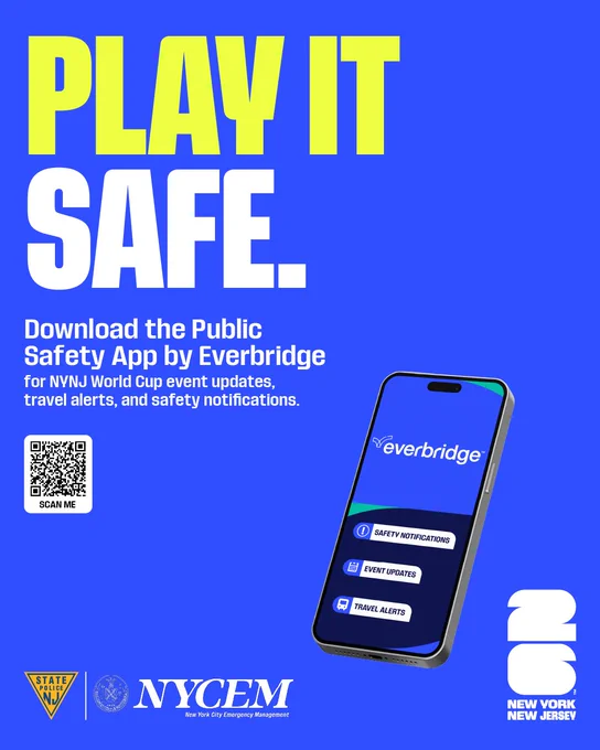 Promotional poster for a public safety app by Everbridge, featuring a smartphone displaying app options for safety notifications, event updates, and travel alerts. Bright text reads "Play It Safe." Logos for New York City Emergency Management and other entities are at the bottom. A QR code is included.
