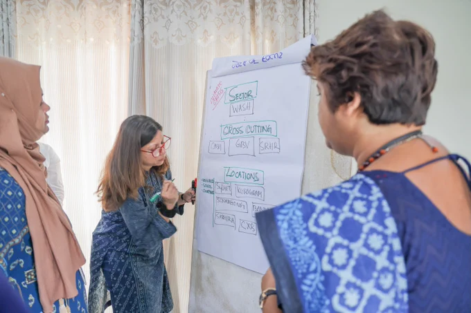 A photo of a woman writing on a large notepad while two more women look on.