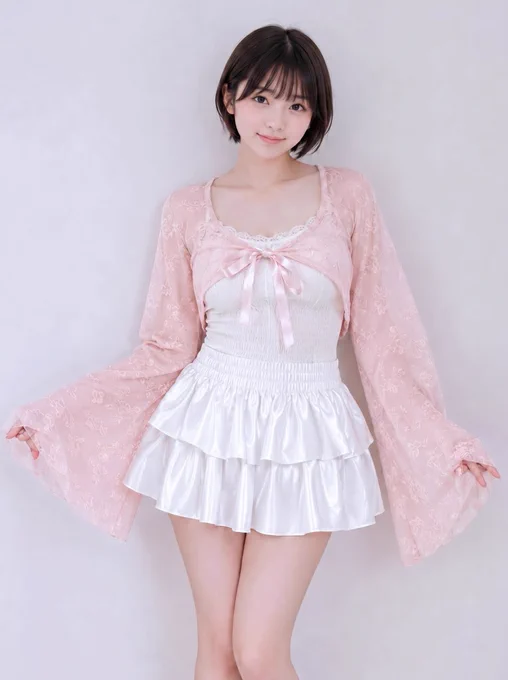 幅広袖レース前リボンライトピンクボレロと白レイヤミニキャミソールドレス姿でポーズするショートカット女子