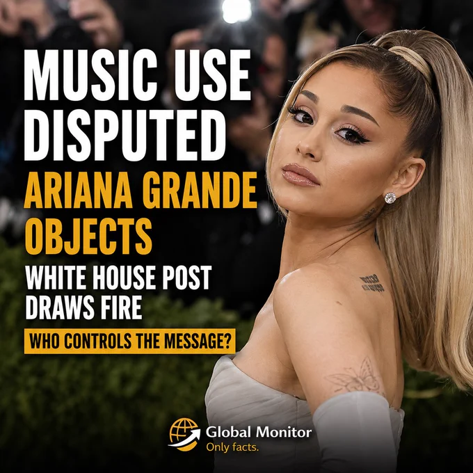Ariana Grande at a public event with photographers in the background, representing a dispute over music use, artist consent, and political messaging.