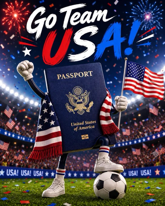 Image of a cartoon passport waving a U.S. flag in a soccer stadium with confetti and the text Go Team USA!