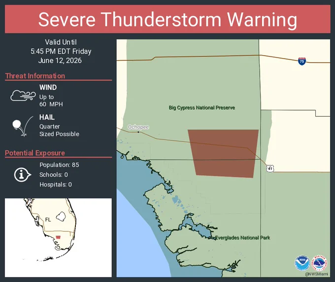 This graphic displays a severe thunderstorm warning plotted on a map. The warning is in effect until 5:45 PM EDT. The warning includes Collier County, FL, Monroe County, FL.  This warning is for Southeastern Collier County in southwestern Florida and Northern Mainland Monroe County in southwestern Florida. The threats associated with this warning are wind gusts up to 60 MPH and quarter sized hail. There are 85 people in the warning along with 0 schools and 0 hospitals.
