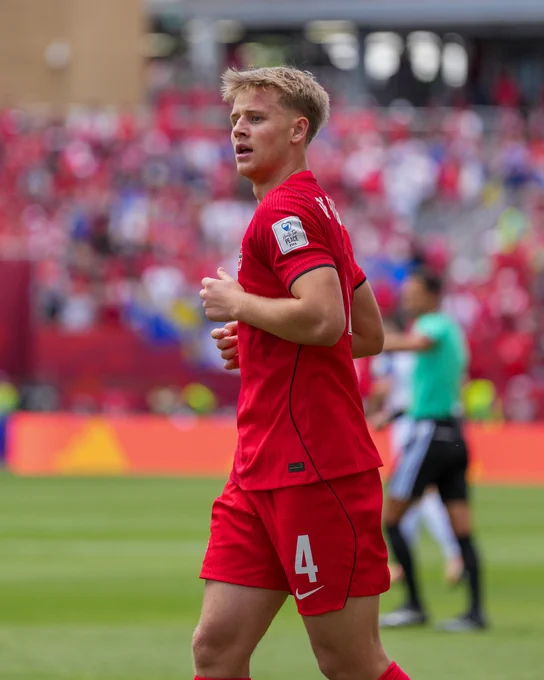 Luc De Fougerolles is pictured during Canada v Bosnia at the 2026 World Cup.