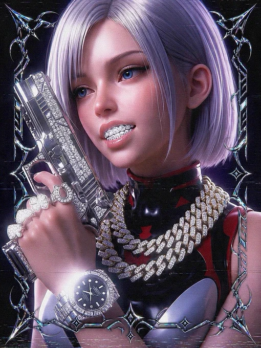 Cyberpunk girl, platinum hair, blue eyes, sleeveless battle suit, 2 thick diamond Cuban chains, diamond gun, diamond rings, Rolex watch, shiny and shimmering diamonds, glitch effect, AAA 3D CG rendering, metallic cyberpunk frame