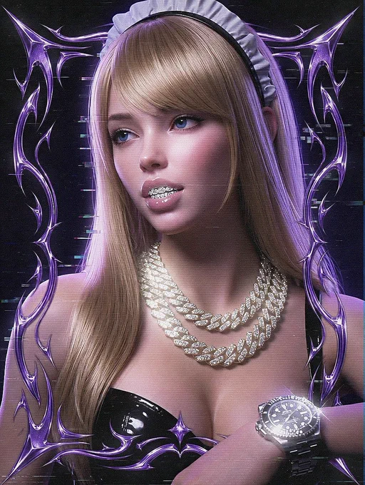 Cyberpunk maid, blonde hair, blue eyes, string top black leather, 2 thick diamond Cuban chains, diamond gun, diamond rings, Rolex watch, shiny and shimmering diamonds, glitch effect, AAA 3D CG rendering, metallic cyberpunk frame