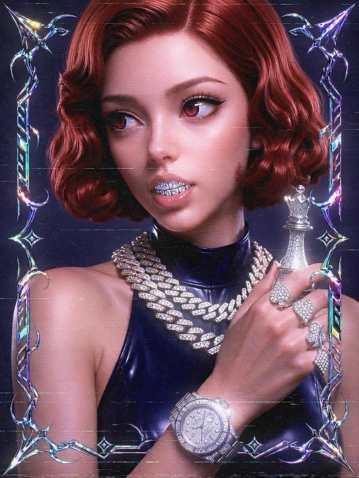 Cyberpunk Queens Gambit girl, Ref hair, red eyes, sleeveless leather dress, 2 thick diamond Cuban chains, diamond gun, diamond rings, Rolex watch, shiny and shimmering diamonds, glitch effect, AAA 3D CG rendering, metallic cyberpunk frame