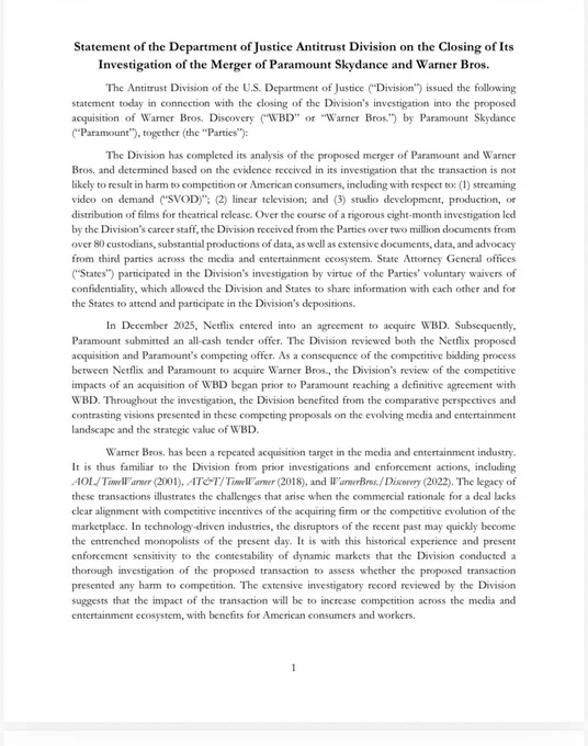 text of Doj statement