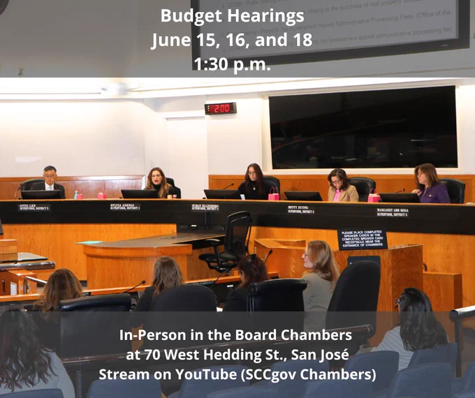 County Supervisors meeting in session. Text: Board of Supervisors Special Meeting, June 15, 16 and 18 at 1:30 p.m. In-person in the Board Chambers at 70 W. Hedding St., San Jose. Stream on SCC Chambers on YouTube.