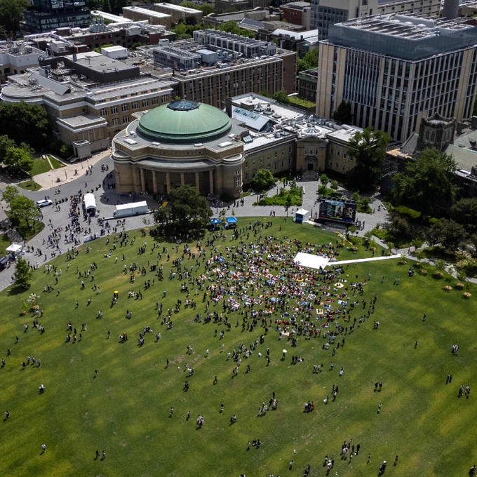 Drone shot of soccer watch party at the Front Campus in U of T.