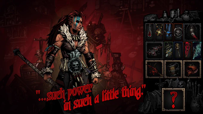 The Hellion, a muscular woman with long red hair and blue warpaint on her face, stands proudly. On the right hand side of the image are various trinkets. 