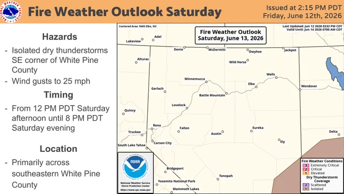 A low probability (five to ten percent chance) of isolated dry thunderstorms are expected in far southeastern White Pine county Saturday afternoon. Some localized gusts to 25 mph can also be expected.  