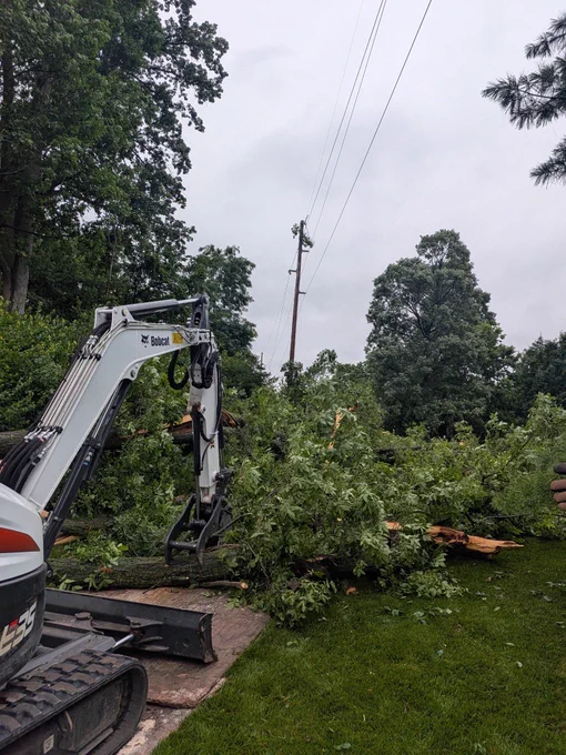 Line crew using a small excavator to clear large downed tree branches and storm debris beneath overhead power lines, with broken limbs piled along a grassy roadside and dense green trees in the background under an overcast sky.