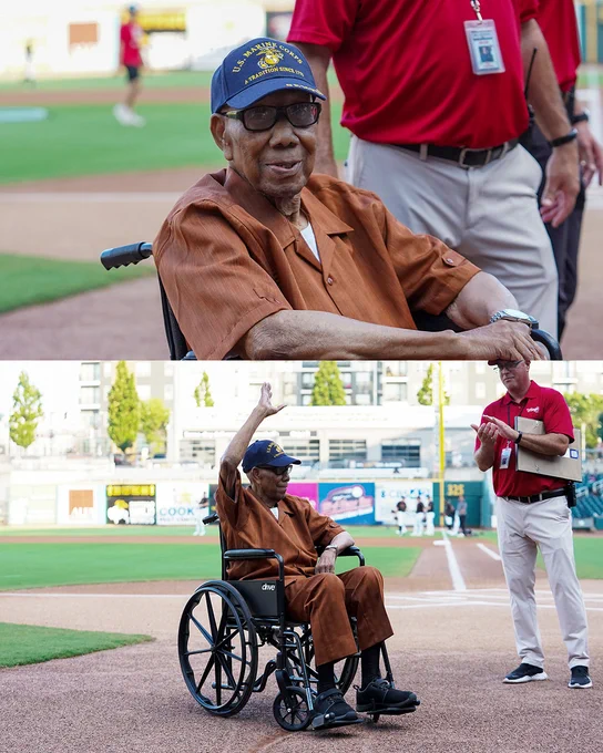 Two photos stacked of Bill Greason, the oldest living Major Leaguer, who threw out the first pitch for the Birmingham Barons Thursday night. He is wearing a burnt orange shirt and pants and sits in a wheelchair.