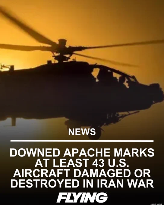 Silhouette of an Apache helicopter against a sunset, with a news headline about U.S. aircraft losses in the Iran war. The image conveys a serious and somber news tone.