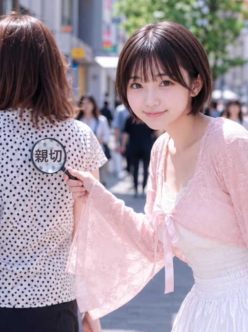 虫眼鏡で小さな親切を拡大するショートカット女子