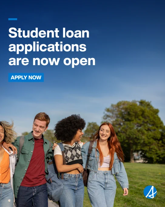 [Image shows students walking through school grounds, laughing and greeting eachother. Text reads, student loan applications now open, apply now, with Alberta logo in the bottom right corner.]