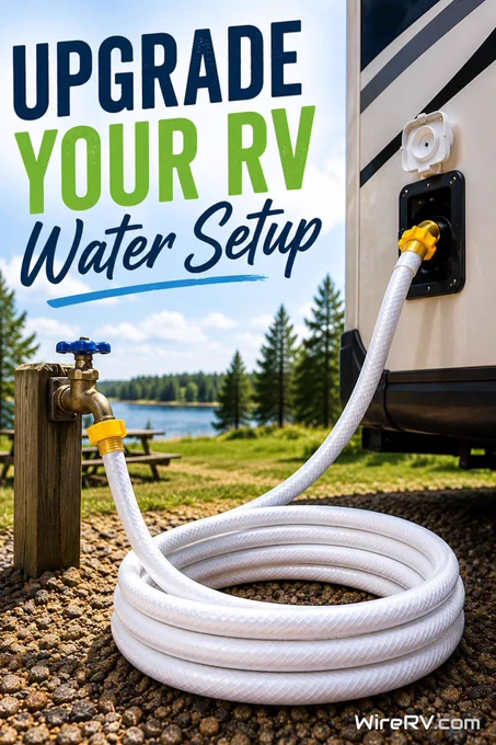RV drinking water hose connected between a campground water spigot and an RV.