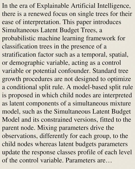 In the era of Explainable Artificial Intelligence, there is a renewed focus on single trees for their ease of interpretation. This paper introduces Simultaneous Latent Budget Trees, a probabilistic machine learning framework for classification trees in the presence of a stratification factor such as a temporal, spatial, or demographic variable, acting as a control variable or potential confounder. Standard tree growth procedures are not designed to optimize a conditional split rule. A model-based split rule is proposed in which child nodes are interpreted as latent components of a simultaneous mixture model, such as the Simultaneous Latent Budget Model and its constrained versions, fitted to the parent node. Mixing parameters drive the observations, differently for each group, to the child nodes whereas latent budgets parameters update the response classes profile of each level of the control variable. Parameters are estimated by least squares considering a neural network perspective o