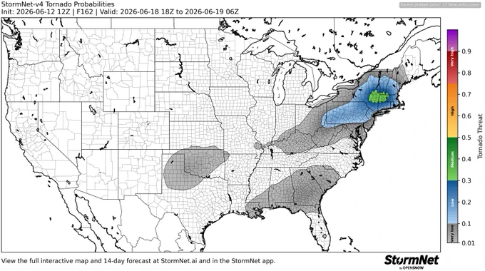 StormNet-v4 tornado probability map with a 35% maximum 12-hour risk from 2026-06-18 18Z to 2026-06-19 06Z. Model initialized 2026-06-12 12Z at forecast hour 162.