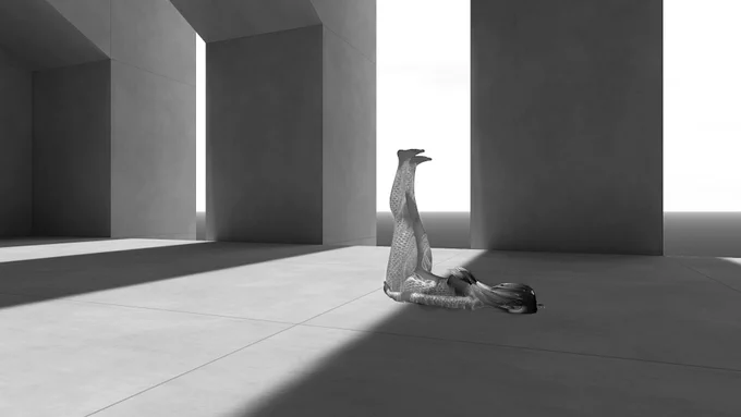 Tayuki, in the form of an otter kemonomimi, lays down in a stone room. Several pillars line the hall, rectangles reaching up before branching off, leaving gaps to an open, empty sky. Her back is flat, her hands are on her rear - supporting her as she lifts her legs straight in the air - feet parallel with an unseen ceiling. 
