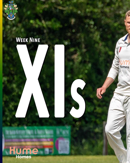 Halstead Cricket Club Week Nine XIs announcement cover card. A bowler in HCC whites walks across the outfield with a green hedge background, Hume Homes branding visible on his shirt, with a blurred sponsor board visible bottom left. Large white text reads "Week Nine XIs". The HCC coat of arms appears top left and the Hume Homes sponsor logo sits bottom left. A green, yellow and navy stripe runs down the left edge.