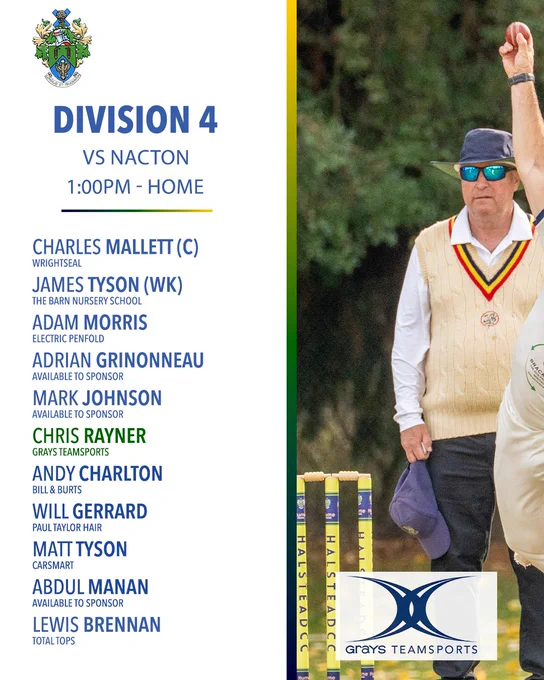 Halstead Cricket Club 3rd XI team sheet for Week Nine. Division 8A vs Ipscol II, 1:00pm, Home. Squad: Mark Harris C (Milldale Contracts), Graham Mills WK (Milldale Contracts), Andy Rose (Total Tops), Freddie Rose (GRP Solutions), Justin Rose (GRP Solutions), Callum Hansey (Don Cutmore Plumbing & Heating), Archie Smith (ALS.co.uk), Will Moss (Drive Revive), Shair Sullaman, Chris Roper (Drone Perspectives), Leo Nicholls (Ryan Cutmore Plastering). An action photo of a bowler in HCC whites mid-delivery, Brackadams logo visible on his shirt, occupies the left half.