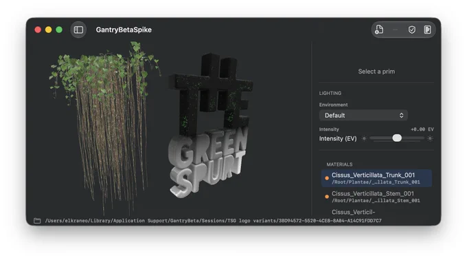 Screenshot of the Gantry v27 beta app on macOS showing a 3D viewport rendering a USDZ scene: a sculptural 3D logo reading "THE GREEN SPURT" withmoss-textured letters, next to a hanging Cissus verticillata plant with long trailing vines. A sidebar lists the scene's USD materials by name and prim path, including trunk, stem, and leaf materials.