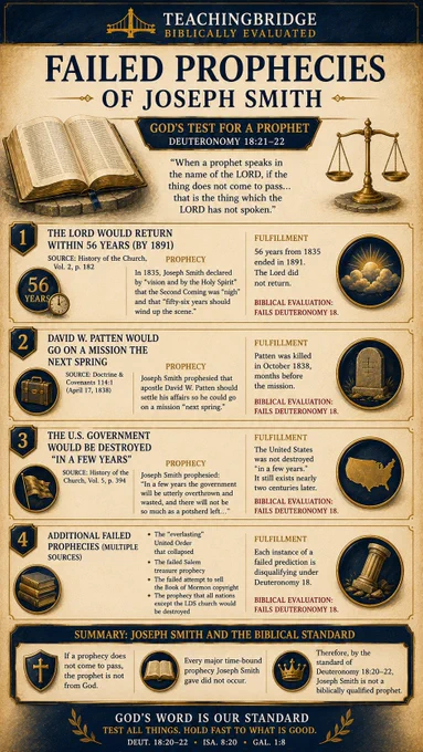 TeachingBridge infographic titled “Failed Prophecies of Joseph Smith.” A parchment-style design with navy and gold accents evaluates prophetic claims using Deuteronomy 18:21–22. An open Bible and balance scales introduce the biblical test that a prophet’s prediction must come to pass. Four numbered panels summarize claims concerning Christ’s return within 56 years, David Patten’s future mission, the destruction of the U.S. government, and additional failed predictions. Each section contrasts the prophecy with its historical outcome and concludes that it fails the Deuteronomy 18 standard. A summary banner states that if a prophecy does not come to pass, the prophet is not from God, and argues that Joseph Smith’s time-bound predictions did not occur. The infographic ends with the statement, “God’s Word Is Our Standard,” encouraging all claims to be tested by Scripture.