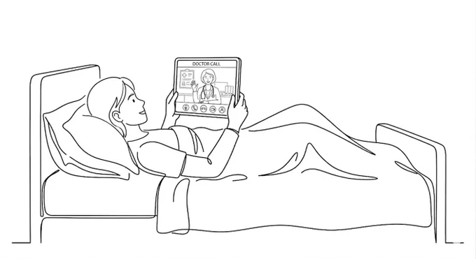 A patient in bed on a video call with a healthcare professional.