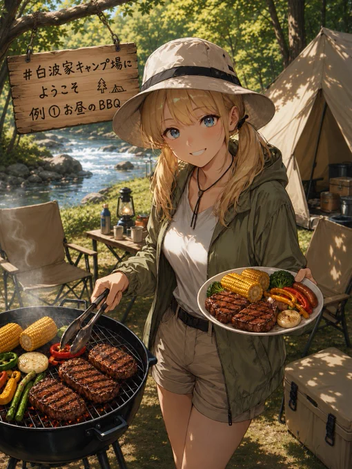 【例①お昼のBBQ】
☆ChatGPT用日本語プロンプト
添付画像の女の子を参考に、昼の森のキャンプ場でBBQをしているイラストを作って。
川沿いの開けた場所にベージュの大型テント、折りたたみテーブル、ランタン、チェア、クーラーボックスを配置。手前に丸い炭火グリルを置き、肉・とうもろこし・玉ねぎ・野菜を焼いて煙が少し上がっている。女の子は片手にトング、もう片手に焼けた料理の皿を持ち、こちらに笑顔を向けている。木漏れ日のある爽やかな昼の雰囲気。

★その他イラスト生成AI用英語プロンプト
daytime riverside campsite, forest clearing beside a shallow stream, large beige canvas tent in the background, outdoor folding table with lanterns, bottles, cups and plates, camp chairs and storage boxes around, round charcoal grill in the foreground, barbecue meat, corn, onions and vegetables grilling over smoke, one girl standing beside the grill, holding barbecue tongs in one hand and a plate of grilled food in the other, relaxed friendly smile, casual camping outfit, bucket hat, short sleeve shirt, shorts, hiking boots, warm sunlight filtering through trees, natural shadows, lively outdoor camping atmosphere