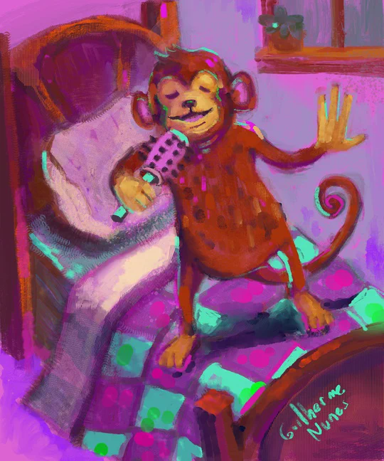 painting of a monkey on top of the bed singing pretending that the hairbrush is a microphone