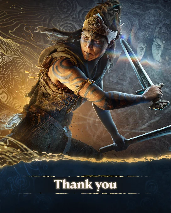 The 'Senua' key art in a graphic with text that reads "Thank you".

Senua, a celtic warrior, wields a sword in her right hand and an axe in her left.