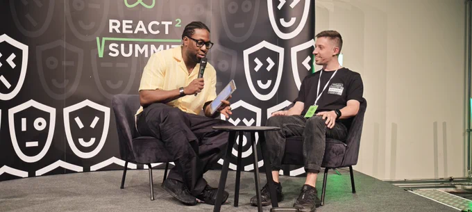 Kiril Peyanski getting interviewed on stage at React Summit