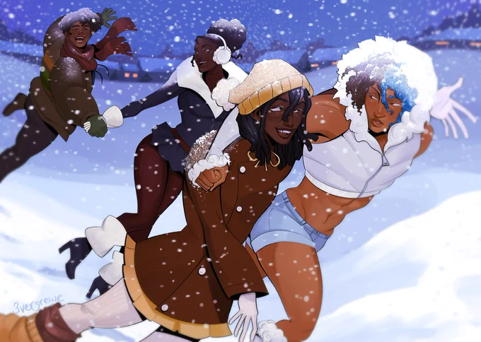 Illustration of my original characters Leon, Lumo, Adonia, and Theo walking in the snow laughing and smiling together. In the background a few houses are visible with a tree line behind them. Adonia and Theo are further back. Adonia is pulling Theo by the hand. Leon and Lumo are in the foreground. They each have one arm wrapped around the other’s shoulders as they walk side by side. Everyone’s head and eyelashes are covered in snow as flurries fall around them.