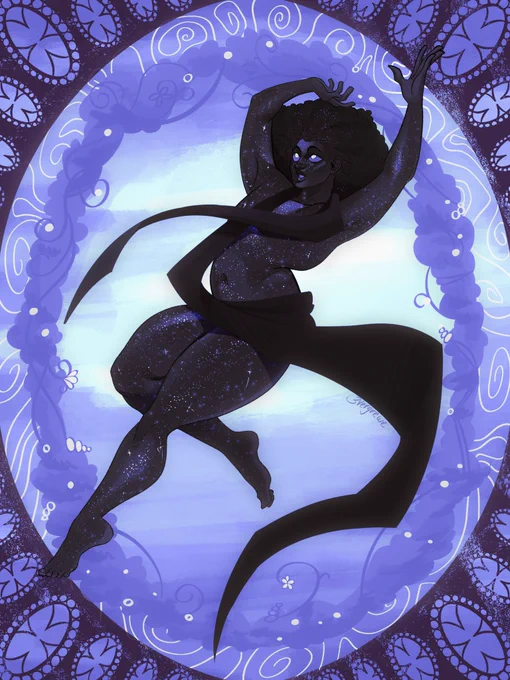 Illustration of my original character Aaru. They are floating outstretched with a long piece of cloth wrapped around their body. The background has a graphic oval shaped boarder and a simple wreath design. The color palette is made up of indigos blues and purples.