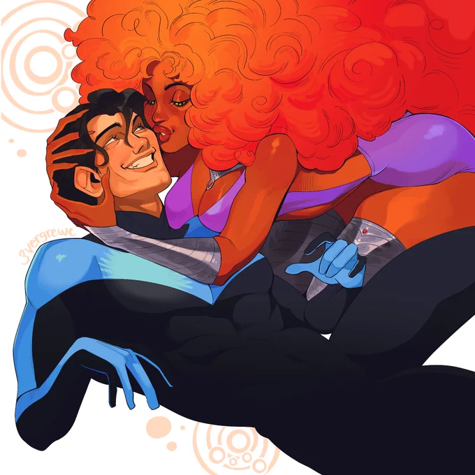 Illustration of Starfire and Nightwing. Nightwing is lounging back in a relaxed pose with a large grin on his face while Starfire hugs his head and leans in for a kiss to the cheek.