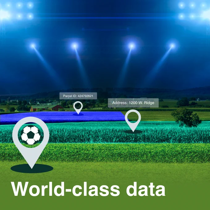 A sports field illuminated by bright stadium lights, with digital icons overlaying the landscape. The icons include a soccer ball and text labels, "Parcel ID: 424793621" and "Address: 1200 W. Ridge." The phrase "World-class data" is prominently displayed at the bottom.