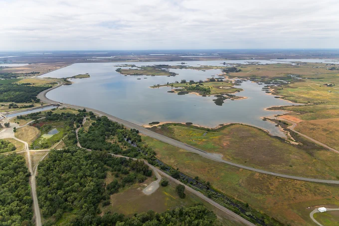 An aerial view shows Thermalito Afterbay near Lake Oroville in Butte County, California. Photo taken May 6, 2025.
