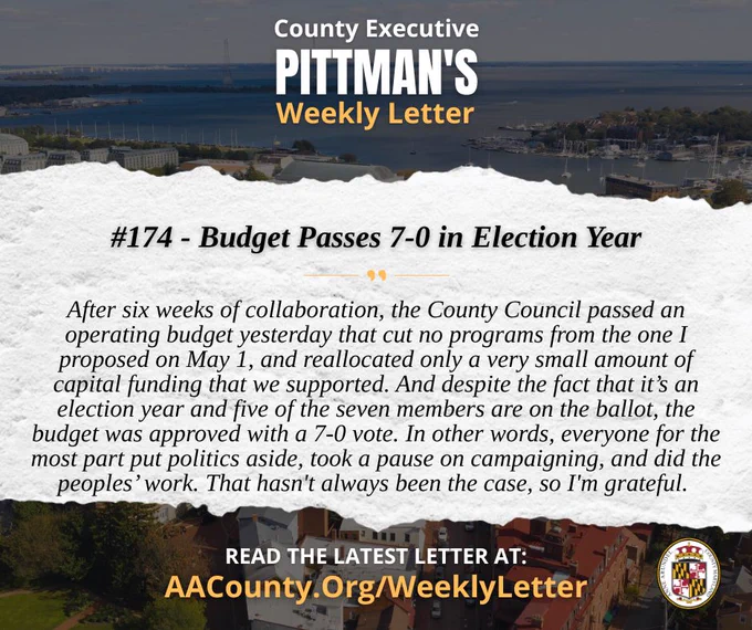 A quote excerpt from Anne Arundel County Executive Steuart Pittman's Weekly Letter promoting letter #174. 