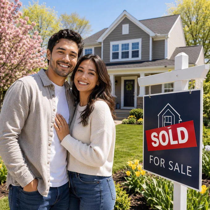 A happy couple standing in front of a beautiful home with a "sold" sign.