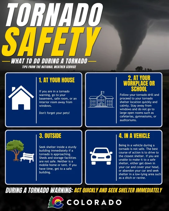 Tornado safety tips from the National Weather Service with instructions for home, workplace, outside, and vehicle scenarios during a tornado warning.