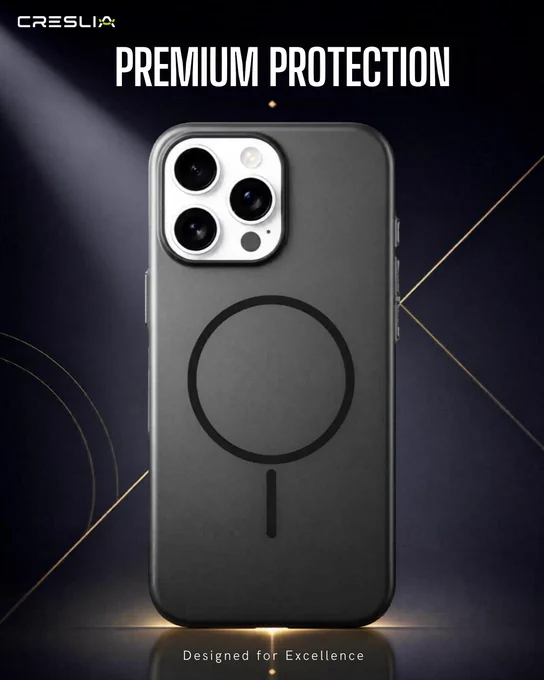 Matte frosted black iPhone case with mag-safe ring on a dark gold geometric background with the text "Premium Protection" and Creslia branding