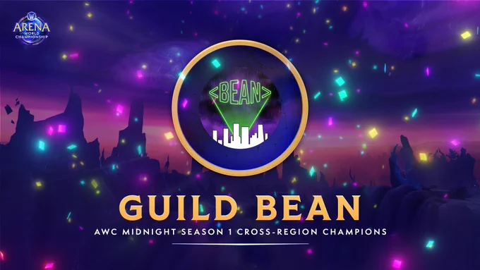An image thumbnail proclaiming Guild Bean (EU) as the AWC Midnight Season 1 Cross-Region Champions.

The team logo is centered in the image, placed within a purple frame surrounded by a gold border. Beneath the logo, bright golden text reads "Guild Bean" above the subheader "AWC Midnight Season 1 Cross-Region Champions"