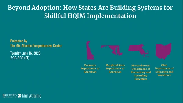 Graphic promoting a webinar titled “Beyond Adoption: How States are Building Systems for Skillful HQIM Implementation” to take place on Tuesday June 16, 2026 from 2:00 to 3:30 Eastern time. State outlines are shown to represent state education agencies for Delaware, Maryland, Massachusetts, and Ohio.