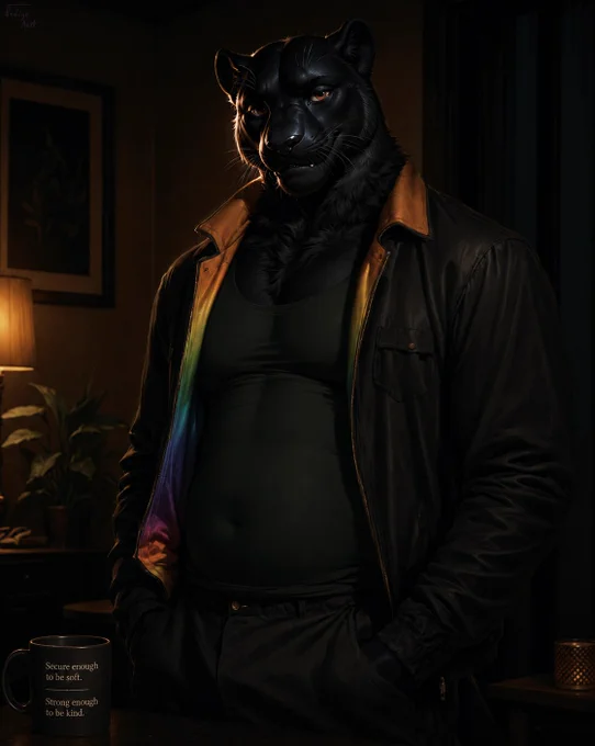 Indigo, a broad, black-furred anthro jaguar, stands confidently in a dim, warmly lit room with his hands in his pockets. He wears a dark green tank top beneath a black leather jacket lined with a subtle rainbow pattern. A black mug on the table reads, “Secure enough to be soft. Strong enough to be kind.”
