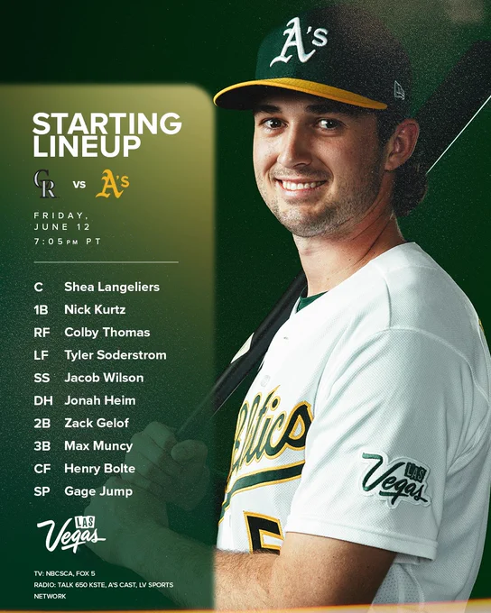 Rockies vs A’s lineup graphic with a photo of Jacob Wilson
June 12 7:05 pm PT


23 Shea Langeliers C
16 Nick Kurtz (L) 1B
32 Colby Thomas RF
21 Tyler Soderstrom (L) LF
5 Jacob Wilson SS
15 Jonah Heim (S) DH
20 Zack Gelof 2B
3 Max Muncy 3B
33 Henry Bolte CF


61 Gage Jump LHP




TV: NBCSCA, FOX 5
RADIO: Talk 650 KSTE, A's Cast, LV SPORTS NETWORK

