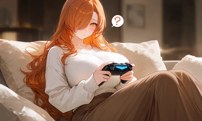 An anime-style illustration of a young woman with long, flowing orange hair and golden eyes, sitting on a white couch in a cozy living room. She wears a white sweater and brown skirt, holds a black PlayStation controller with both hands, and has a thoughtful or confused expression with a speech bubble containing a question mark above her head