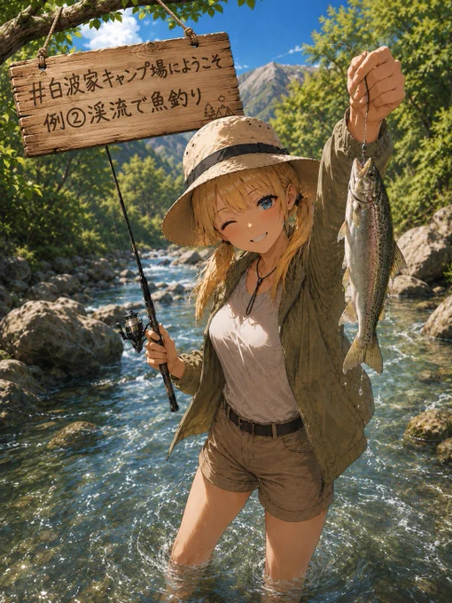 【例①渓流で魚釣り】
☆ChatGPT用日本語プロンプト
添付画像の女の子を参考に、山の渓流で魚を釣り上げているイラストを作って。
浅い川の中に立ち、片手で釣り竿を持ち、もう片手で釣り糸についた魚を高く掲げて、嬉しそうにこちらへ見せている。背景は岩の多い清流、森、遠くの山。魚から水滴が落ち、足元には水面の波紋を描く。爽やかな夏のアウトドア感。

★その他イラスト生成AI用英語プロンプト
mountain stream fishing scene, clear shallow river with rocks, green forest and distant mountains, standing knee-deep in the water, holding a fishing rod in one hand, raising a freshly caught fish with the other hand, proud happy smile, fishing vest, outdoor hat, rolled-up sleeves, wet clothing details around the legs, water droplets falling from the fish, ripples around her legs, summer daylight, fresh adventurous atmosphere, dynamic close perspective
↑
このプロンプトだとキャラをよそに広大な大自然がメインになってしまうので、ネガティブに「 (long shot:1.2), panoramic,」を入れてみるといいかもです。もし上手くいかない場合は私まで言ってください！一緒に釣りに行きましょう✨