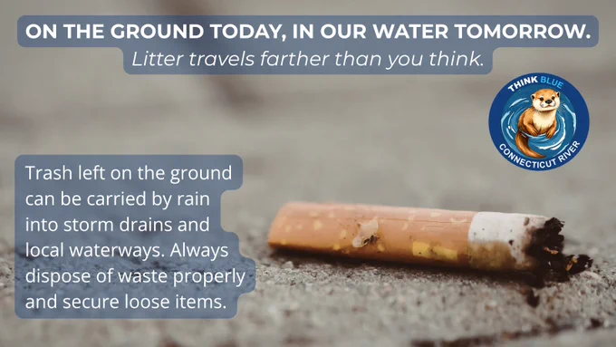 Graphic showing a discarded cigarette butt on pavement with the headline: “ON THE GROUND TODAY, IN OUR WATER TOMORROW.” The graphic explains that litter can be carried by rain into storm drains and local waterways and encourages proper waste disposal. The Think Blue Connecticut River logo is displayed.